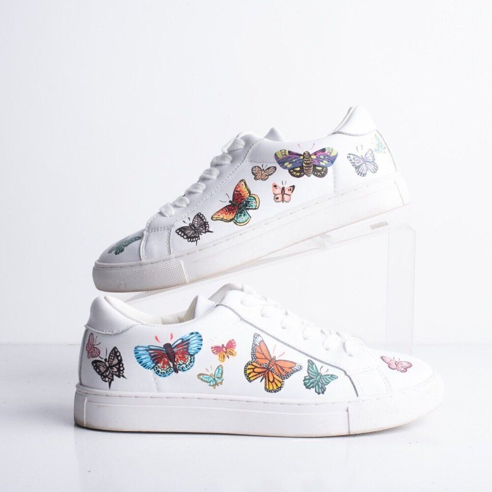 Alepel Womens Butterfly White Vegan Leather Sneakers Sz US 6 Hand Painted